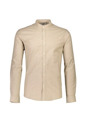 Short-sleeve beige button-up shirt, featuring a mandarin collar, smooth cotton fabric, and subtle texture. Buttons in a matching color.