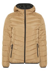 Tan padded jacket with a hood, featuring zigzag stitching, a front zipper, and two zippered side pockets. Black accents along the zipper.