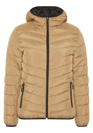 Tan padded jacket with a hood, featuring zigzag stitching, a front zipper, and two zippered side pockets. Black accents along the zipper.