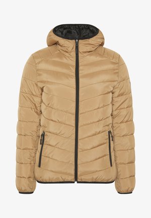 Tan padded jacket with a hood, featuring zigzag stitching, a front zipper, and two zippered side pockets. Black accents along the zipper.