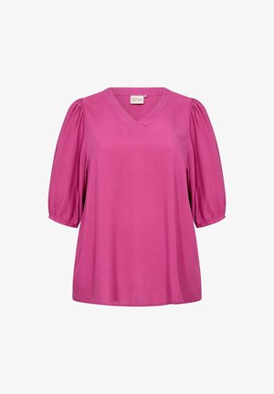 Rozā blūze ar V-veida kakla izgriezumu un pūkainām īsām piedurknēm; gluda tekstūra; brīvs piegriezums; ar elastīgām aprocēm.