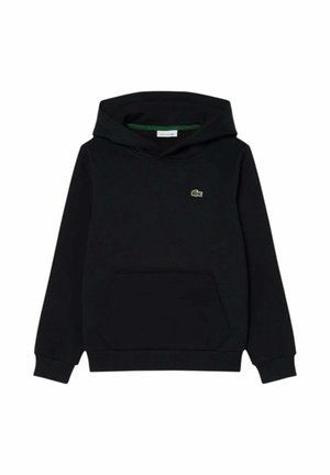Felpa nera con cappuccio a girocollo, tasca frontale e piccolo logo verde di coccodrillo sul petto, maniche lunghe e polsini e orlo a coste.