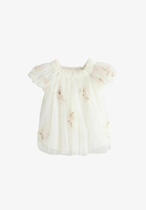 Bílé šaty vyrobené z průsvitné látky s krátkými nafouklými rukávy, zdobené jemnou květinovou výšivkou v odstínech světle béžové a elastickým výstřihem.