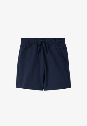 Donkerblauwe casual shorts met elastische tailleband, trekkoord en zijzakken, geschikt voor dagelijks gebruik.