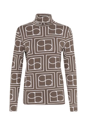 Langarm-Turtleneck-Oberteil aus braunem Stoff mit geometrischem weißen Muster und geschlossenen Formen, eng anliegend am Hals.