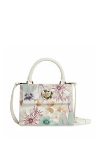 Weiße Handtasche mit floralem Design in Pastellfarben, einem oberen Griff, einem abnehmbaren Riemen und einem silbernen Verschluss.