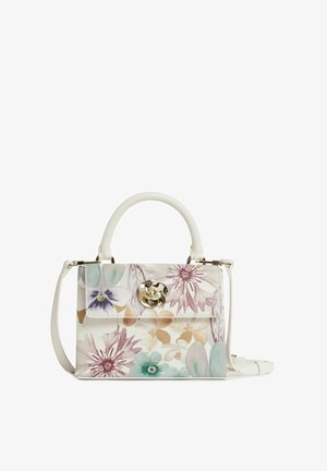 Sac à main blanc avec un motif floral aux couleurs pastel, une anse supérieure, une bandoulière amovible et une fermeture à boucle argentée.