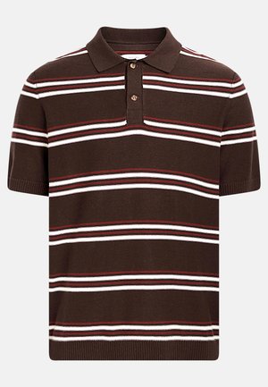 Brown short-sleeve polo shirt with horizontal white and red stripes, two brown buttons, and ribbed collar and sleeve cuffs.