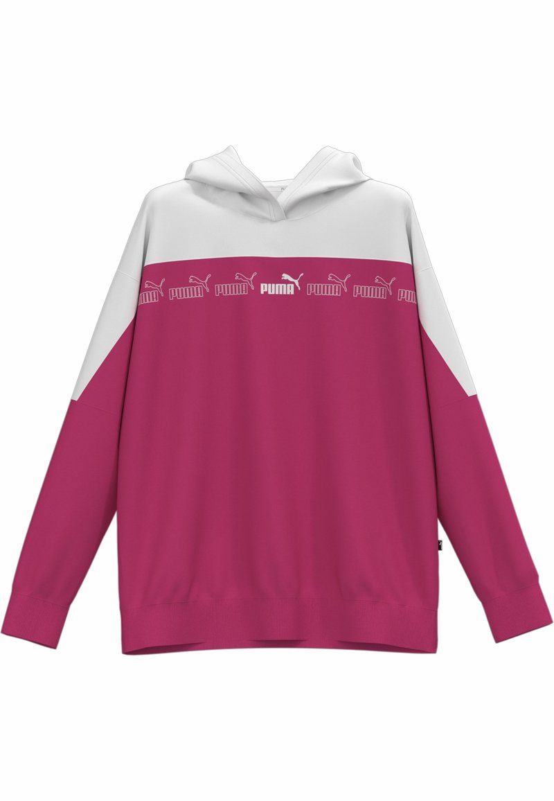 Haut à capuche rose et blanc avec une poche kangourou, des poignets élastiques et un ourlet élastique. Présente le logo Puma répété en blanc sur la poitrine. Encolure de style hoodie.