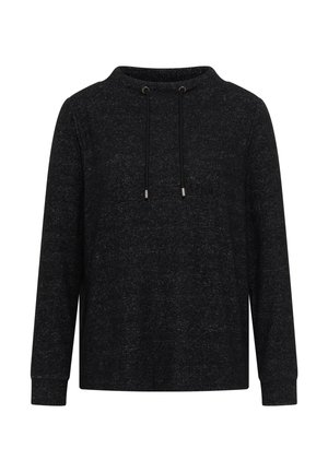 Tumma harmaa pitkähihainen neulepaita, jossa on korkea pyöreä pääntie ja mustat nyörit, joissa on hopeiset päät.