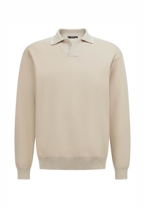 Beige knitted pullover with a contrasting white collar. Features a ribbed hem and cuffs, and a v-neck design. Lightweight and textured fabric.