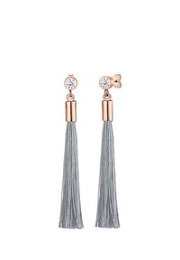 Grå fransörhängen med rosguldiga detaljer. Innehåller en rund kristallstift, cylindriska metalliska accenter och långa, tunna vävda fransar.
