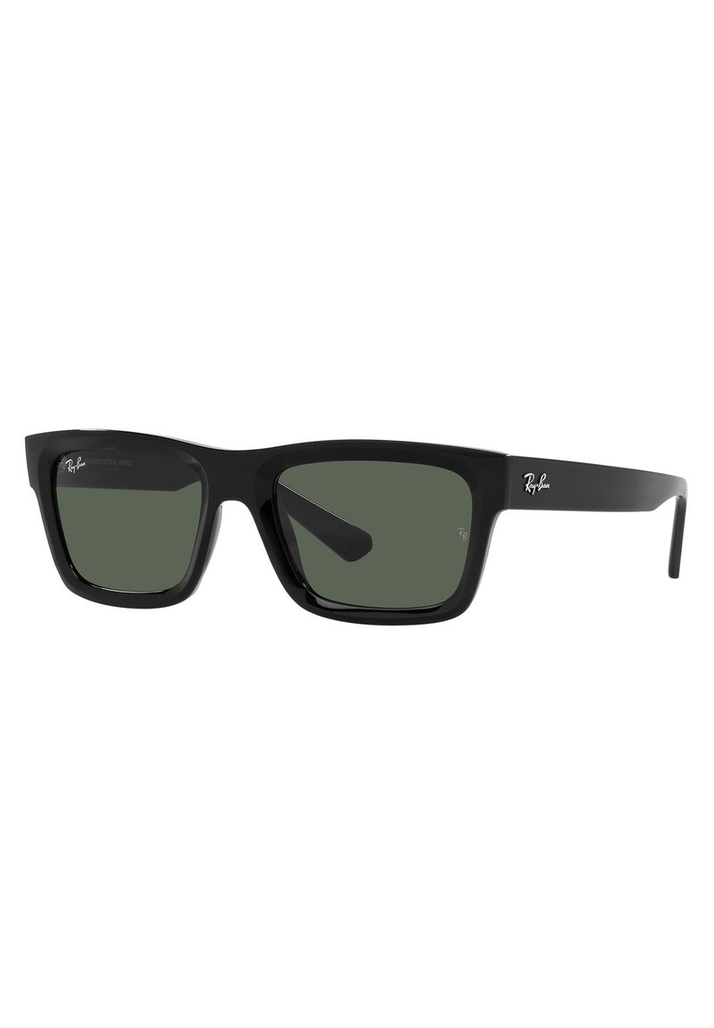 Occhiali da sole rettangolari neri con lenti verde scuro, dotati di una montatura in plastica liscia. Presentano il marchio del brand sulle tempie.