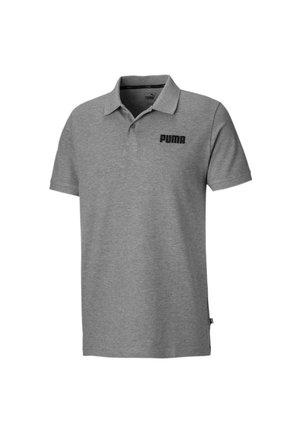 Graues Poloshirt mit kurzen Ärmeln, Kragen, Zwei-Knopf-Leiste und schwarzem Puma-Logo auf der linken Brust.