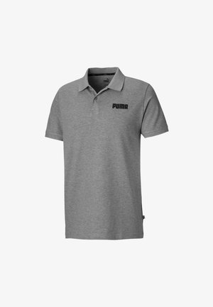 Graues Poloshirt mit kurzen Ärmeln, Kragen, Zwei-Knopf-Leiste und schwarzem Puma-Logo auf der linken Brust.