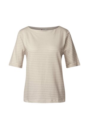 Kortärmad, krämfärgad topp med en texturerad yta och en bred, rundad halsringning. Slät tyg med subtila, horisontella mönster.