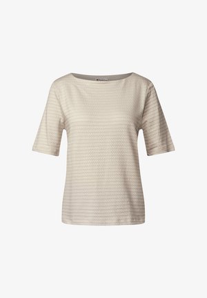 Kortärmad, krämfärgad topp med en texturerad yta och en bred, rundad halsringning. Slät tyg med subtila, horisontella mönster.