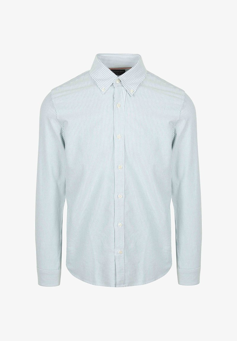 Gestreepte button-up shirt in lichtblauw en wit. Katoenen stof, lange mouwen, standaard kraag en knoopsluiting. Gestructureerde streepdetails.