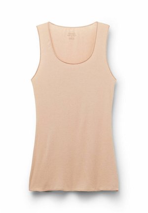 Débardeur beige clair, fabriqué en tissu doux et lisse. Il présente un col rond et des bretelles larges. Ourlet en forme de chemise pour un ajustement décontracté.