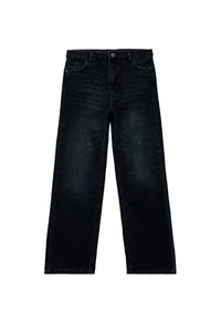 Czarne dżinsy o szerokich nogawkach, wykonane z denimu, z zapięciem na guzik i pięcioma kieszeniami, w odcieniu wyblakłym i prostym wykończeniu.