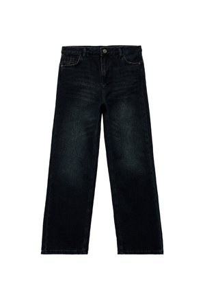 Czarne dżinsy o szerokich nogawkach, wykonane z denimu, z zapięciem na guzik i pięcioma kieszeniami, w odcieniu wyblakłym i prostym wykończeniu.