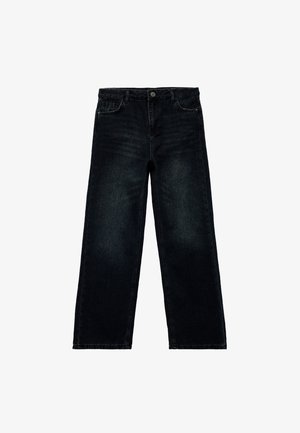 Zwarte wijde jeans gemaakt van denim, met een knoopsluiting en vijf-pocket ontwerp, met een vervaagde was en rechte zoom.