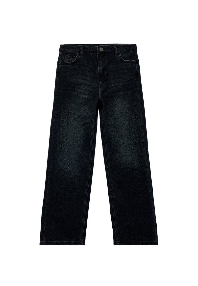 Czarne dżinsy o szerokich nogawkach, wykonane z denimu, z zapięciem na guzik i pięcioma kieszeniami, w odcieniu wyblakłym i prostym wykończeniu.