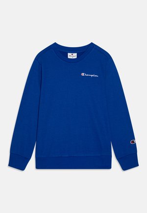 Kék, hosszú ujjú pulóver, puha pamutból készült, kicsi hímzett logóval a mellrészen, bordás mandzsettával és aljjal.