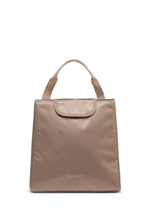 Beżowa torba typu tote z teksturowaną powierzchnią, krótkimi uchwytami, klapowym zamknięciem i złotym logo "WITTCHEN" na środku z przodu.
