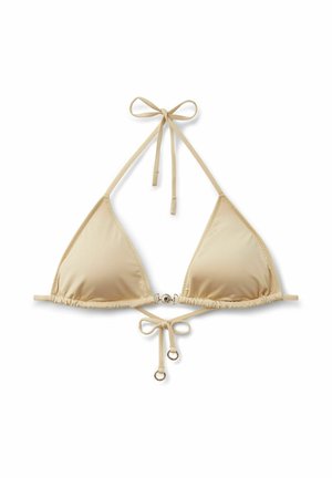 Beige trekants-bikinitop med halterneck-bindinger, lukning foran og justerbare snore med små metalringe i enderne.