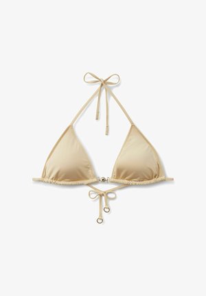 Beige trekants-bikinitop med halterneck-bindinger, lukning foran og justerbare snore med små metalringe i enderne.