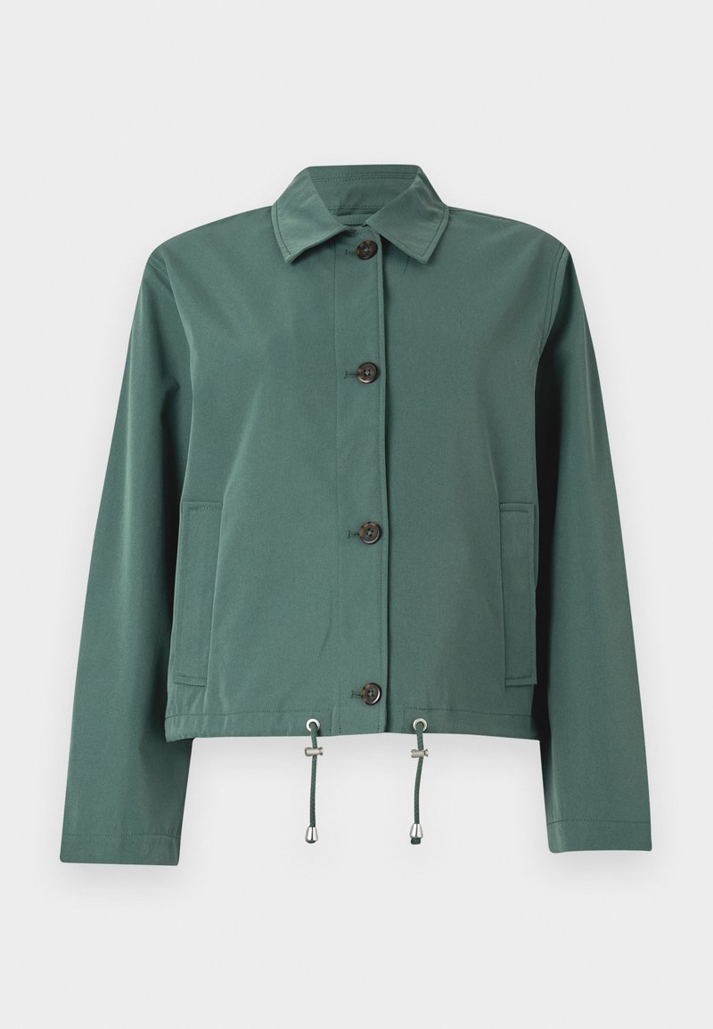 Groene, lichte jas met knopenvoorzijde, kraag, twee zijzakken en verstelbare trekkoorden aan de onderkant. Soepele textuur.
