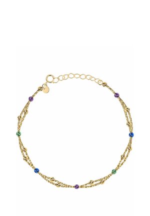 Armband in Goldtönen mit ineinander verschlungenen Strängen, versehen mit farbigen Perlen in Grün, Blau, Lila und strukturierten metallischen Akzenten. Mit verstellbarem Kettenverschluss.