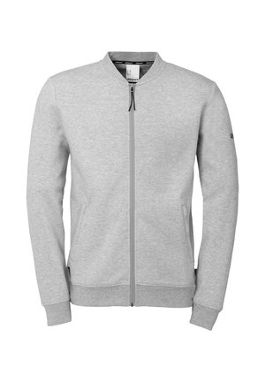 Grå zip-up sweatshirt med bomberjakke-stil, med ribbede manchetter, minimalistisk design og kontrasterende lynlåsdetalje.