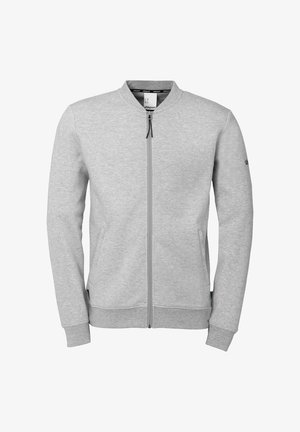 Grå zip-up sweatshirt med bomberjakke-stil, med ribbede manchetter, minimalistisk design og kontrasterende lynlåsdetalje.