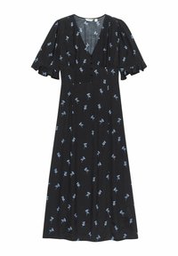 Schwarzes Kleid mit tiefem V-Ausschnitt, kurzen, flatternden Ärmeln und blauen Blumenmustern. Besitzt Knopfdetails an der Front und ein fließendes Design.