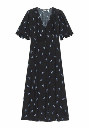 Svart klänning med djup V-ringning, korta volangärmar och blå blommönster. Har knapprad fram och en följsam design.