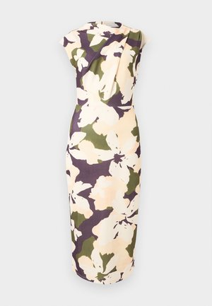 Αμάνικο μίντι φόρεμα με μεγάλο αφηρημένο λουλουδένιο μοτίβο σε κρεμ, ελιάς πράσινο και σκούρο μωβ, με ντραπέ λαιμόκοψη.