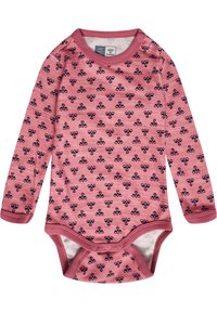 Långärmad baby bodysuit i rosa tyg med mörkblå blommönster, med rund hals och tryckknappar i botten.