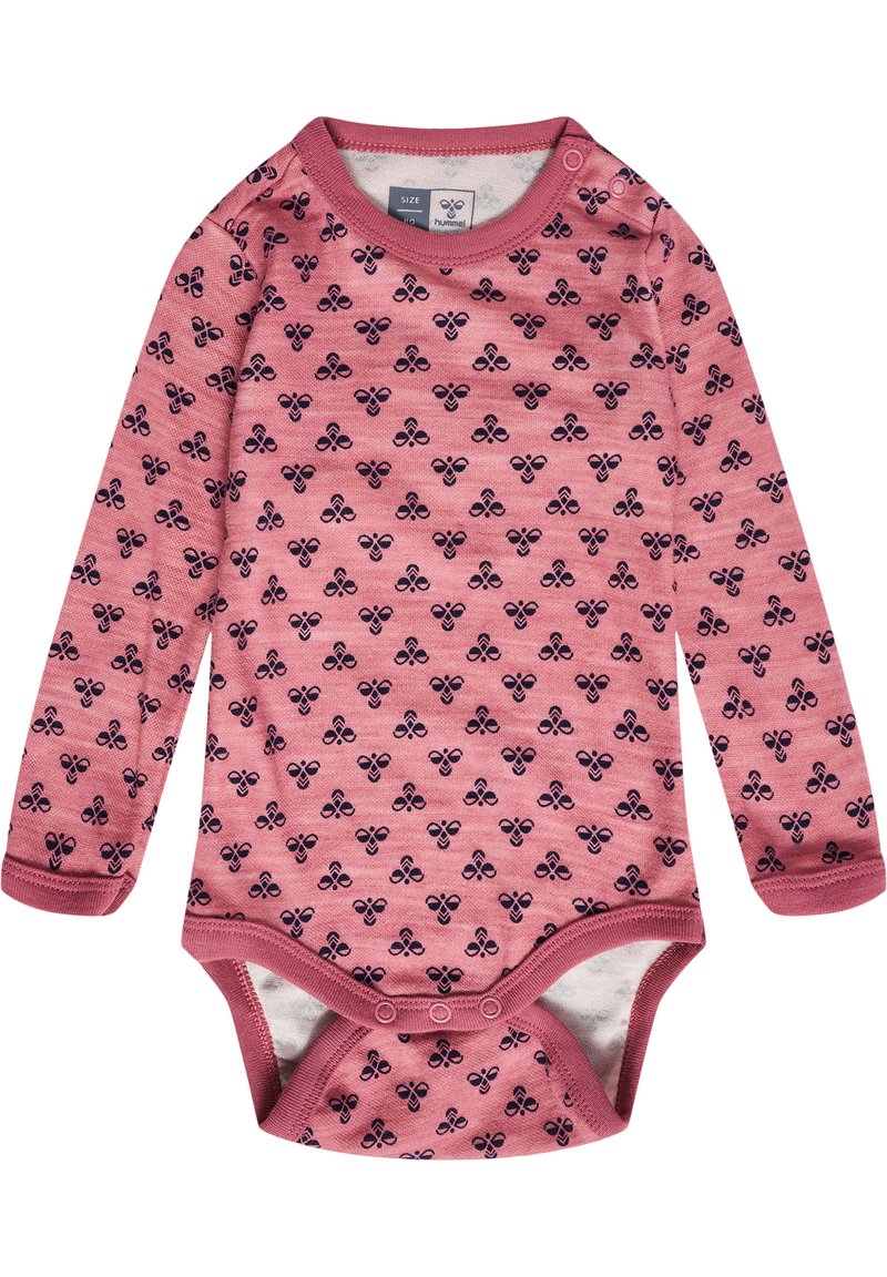 Långärmad baby bodysuit i rosa tyg med mörkblå blommönster, med rund hals och tryckknappar i botten.