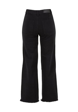 Jean noir taille haute à jambes larges avec deux poches arrière, passants de ceinture et ourlets effilochés, vu de dos.