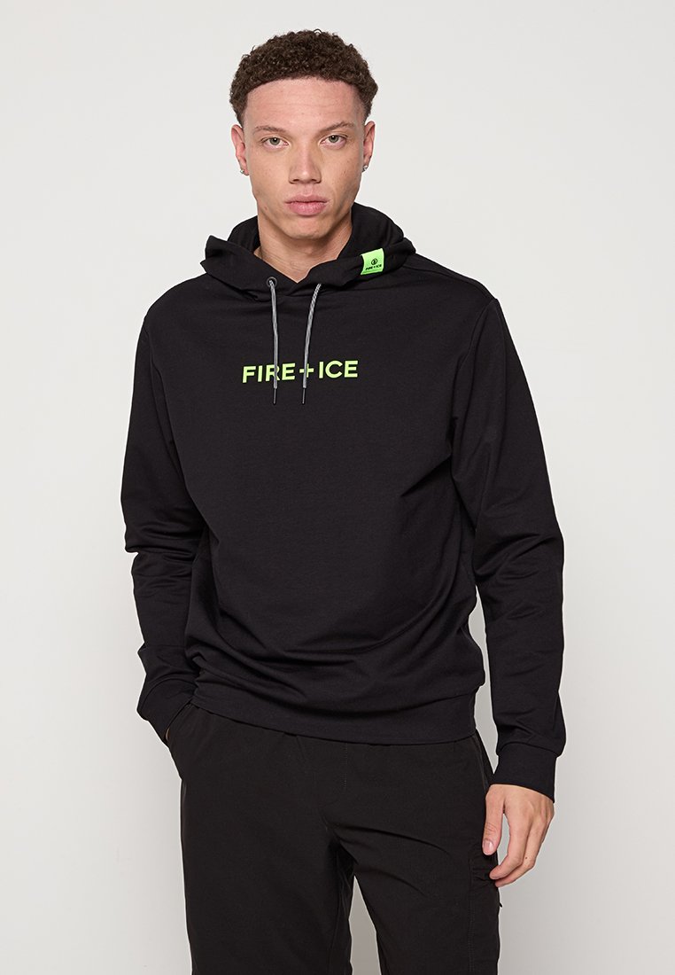 Schwarzer Hoodie mit "FIRE + ICE"-Logo in neongrün, Kordeln und weicher Textur. Verfügt über eine Kängurutasche und gerippte Bündchen.