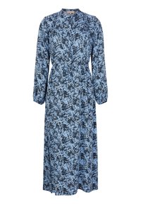 Midikjol med blommönster i blått och svart. Har långa ärmar, rund halsringning och en midja som är åtdragen för formens skull. Tillverkad av lättviktigt tyg.