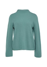 Teal geribde gebreide trui met hoge hals en lange mouwen. Zachte textuur, losse pasvorm en een eenvoudig ontwerp zonder zichtbare sluitingen.