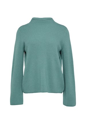 Teal ribbed knit sweater with a high neckline and long sleeves. Soft texture, relaxed fit, and a simple design with no visible fastenings.