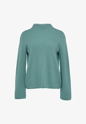 Türkiser, gerippter Strickpullover mit hohem Kragen und langen Ärmeln. Weiche Textur, lockere Passform und ein einfaches Design ohne sichtbare Verschlüsse.