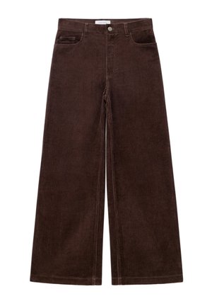 Braune Baumwollcord-Hose im weiten Schnitt mit vertikalen Streifen, ausgestattet mit einem Knopfverschluss, fünf Taschen und einer strukturierten Stoffoberfläche.