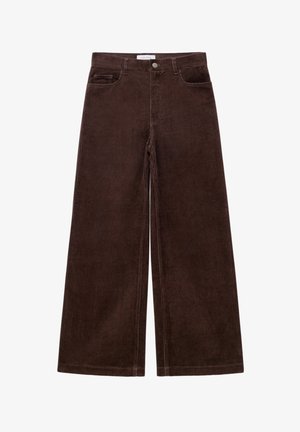 Braune Baumwollcord-Hose im weiten Schnitt mit vertikalen Streifen, ausgestattet mit einem Knopfverschluss, fünf Taschen und einer strukturierten Stoffoberfläche.