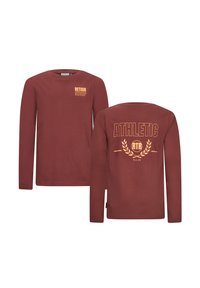Maglietta a maniche lunghe color marrone bordeaux in cotone, con testo dorato "RETOUR SNEIC" sul davanti e "ATHLETIC RTR" con un design di alloro sul retro.