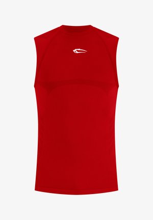 Camiseta deportiva roja sin mangas con un pequeño logo abstracto blanco centrado cerca del escote, con paneles de tejido texturizado en la parte frontal.